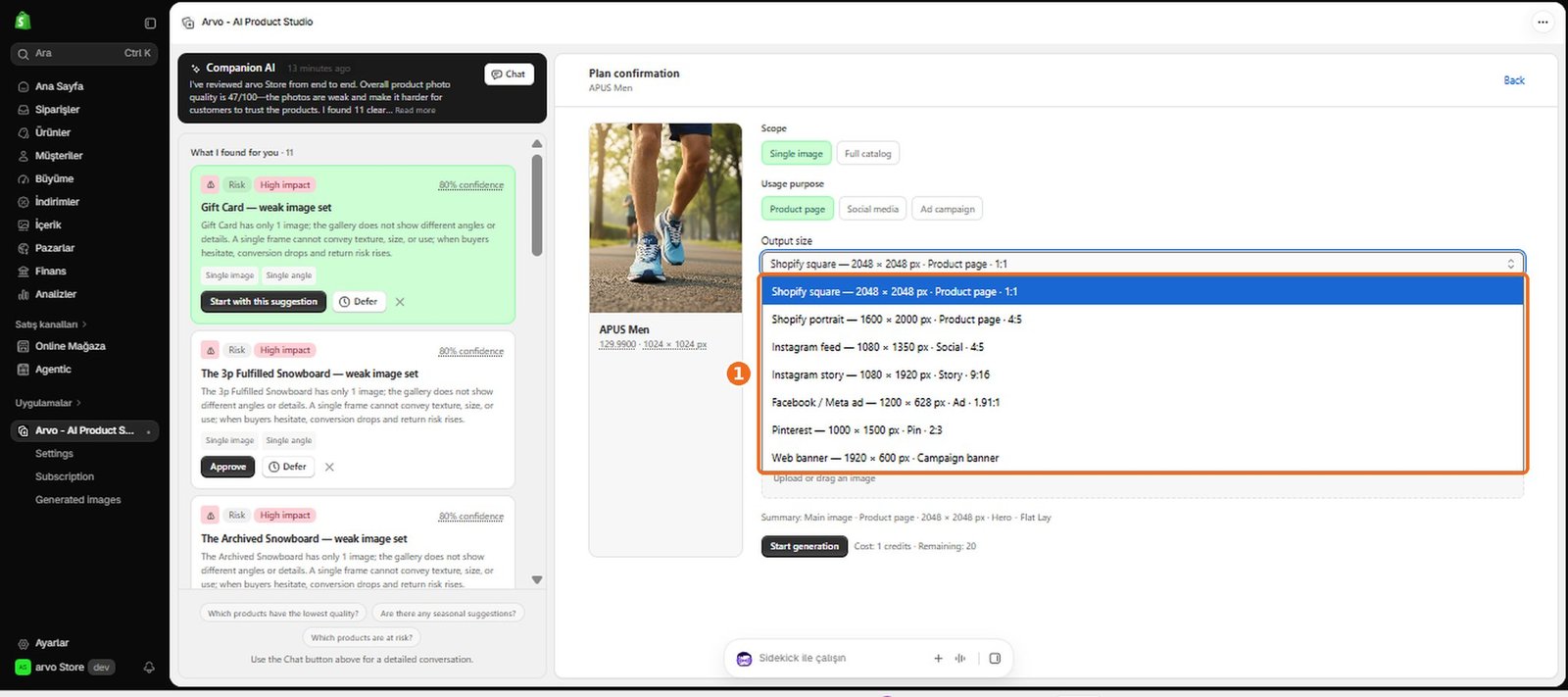 How do I choose the output size?  – screenshot