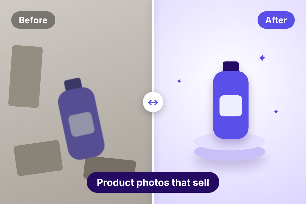 Before and after ecommerce product photos: a cluttered, blurry shot next to a clean product photo on a pedestal
